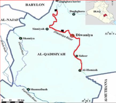 Map of field sampling sites in Al-Diwaniya River